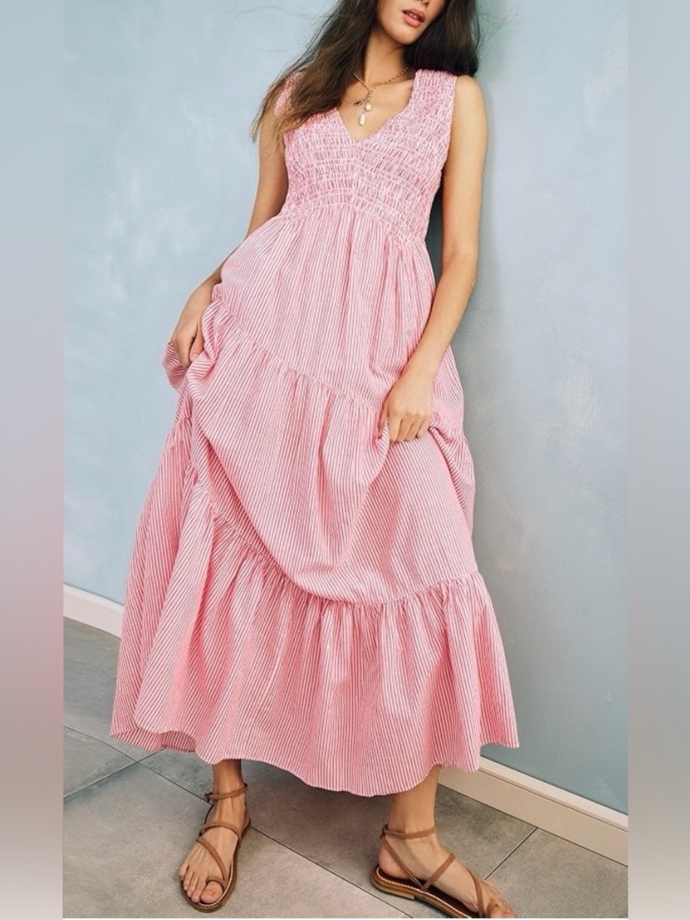 Free People Guava Combo Striped Smocked Maxi Juno Dress Cottagecore Boho Small